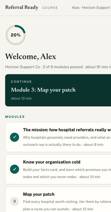 The Referral Ready course dashboard on a phone