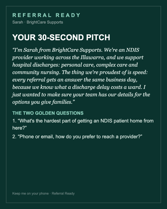Pocket card: your 30-second pitch, personalised